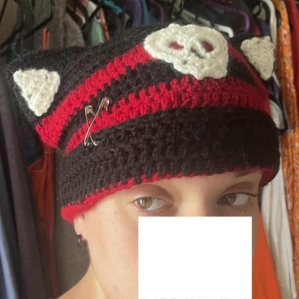 Håndlavet Katteøre Hat Y2K Sød Pige Beanie Hat Pilling-Resistent Efterårs Bobble Hat Kvinde Pullover Hat Sød Hæklet Hat black and red stripe