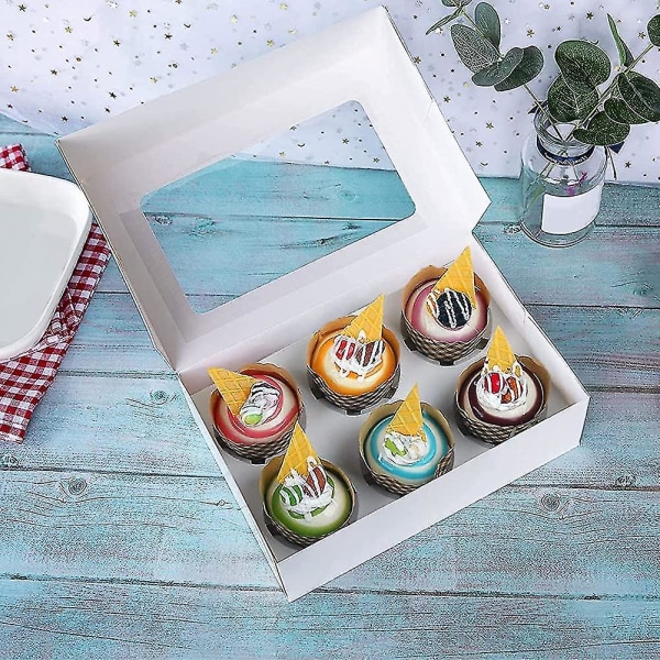 12 Stk Cupcake-bokser Hvitpapir Bakeboks med vindu, bærer til bakverk