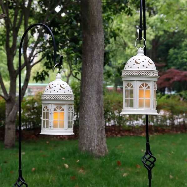 Set med 2 dekorativa lyktor 21 cm hög vintage hängande metallljusstakar för inomhus- och utomhusevenemang Fest och bröllop (vit)