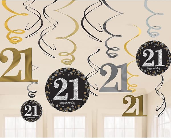 Gullglitrende festdekorasjoner til 21-årsdag - 12 stk.