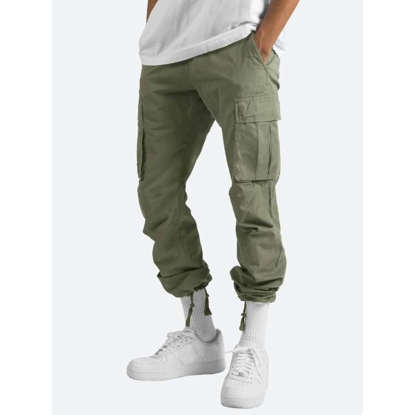 Menn Comfy Workwear Bomull Lin Multi-pocket Casual Løs Baggy Long Cargo Pants Green 4XL