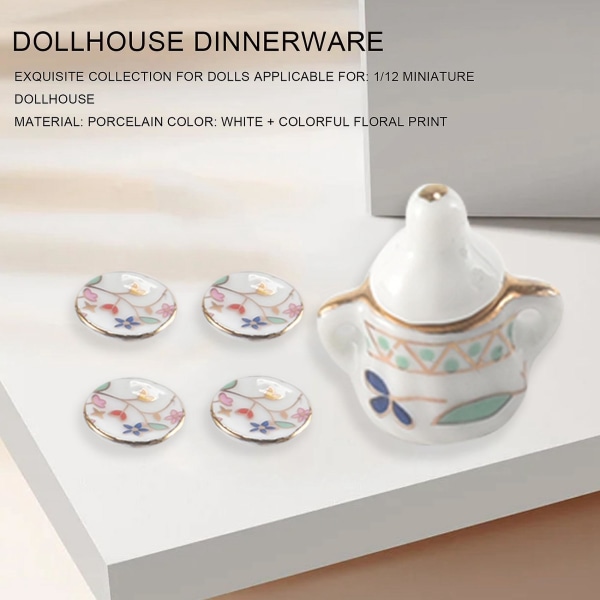 15-delers miniatyrservise porselen tesett servise kopp tallerken Fargerikt blomstertrykk