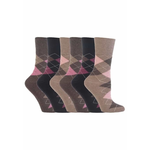 6 Pk ladies gentle grip non elastic socks 4-8 uk Argyle brown