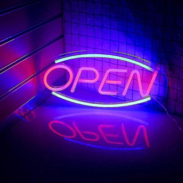 Neon avoin kyltti kauppaan, jossa on kaksi valotilaa