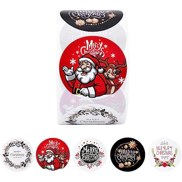 500 kpl Merry Christmas -tarratarrat, 1,5 tuuman rulla, 5 mallia, pyöreät jouluaiheiset D209 style