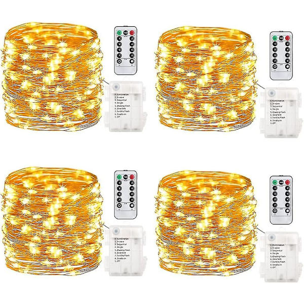 4-pack koppartråds ljusslingor - 16,4 fot, 50 lysdioder, batteridriven med fjärrkontroll och timer, vattentät varmvit dekor