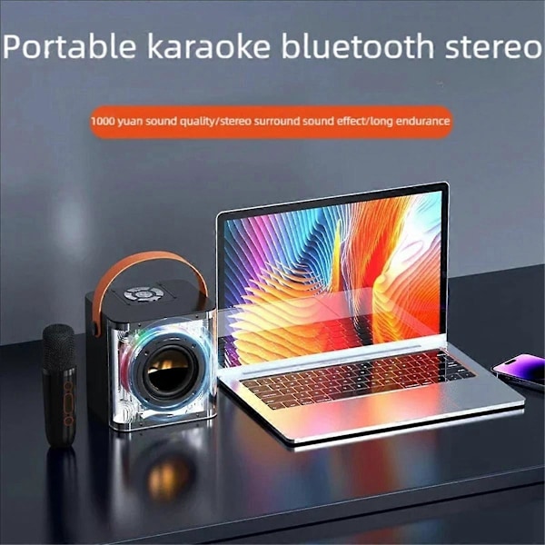 Bärbar Mini Karaoke Maskin Set Bluetooth Högtalare Färgglatt Ljus Surround med 2 Trådlösa Mikrofoner för Barn Vuxna A