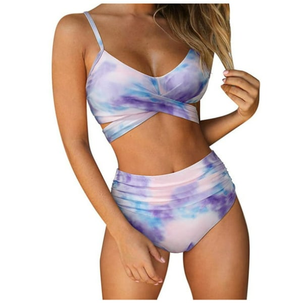 Kvinner Criss Cross Høy Midje String Blomstertrykt 2 Deler Topp Bånd B001 tie-dye purple S