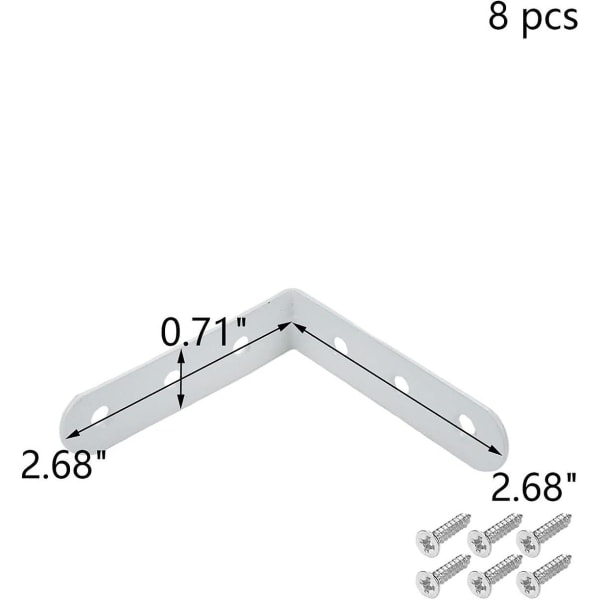 8 kpl Oikeakulmainen kulmatuki, L-muotoinen kulmakiinnike, valkoinen oikea kulmakiinnike, L-kulmakiinnike ruuveilla, pituus 2,68 tuumaa