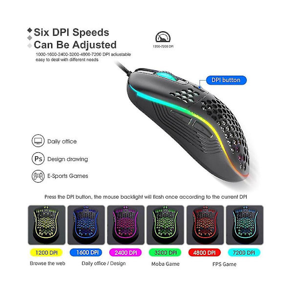 Kablet mekanisk gamingmus Usb lysende lysmus 7200dpi justerbar optisk mus til pc-komp