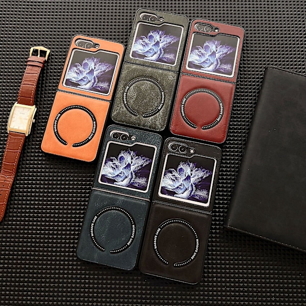 Magnetiskt läderskyddande skal för Samsung Galaxy Z Flip 5, kompatibelt med Magsafe Brown