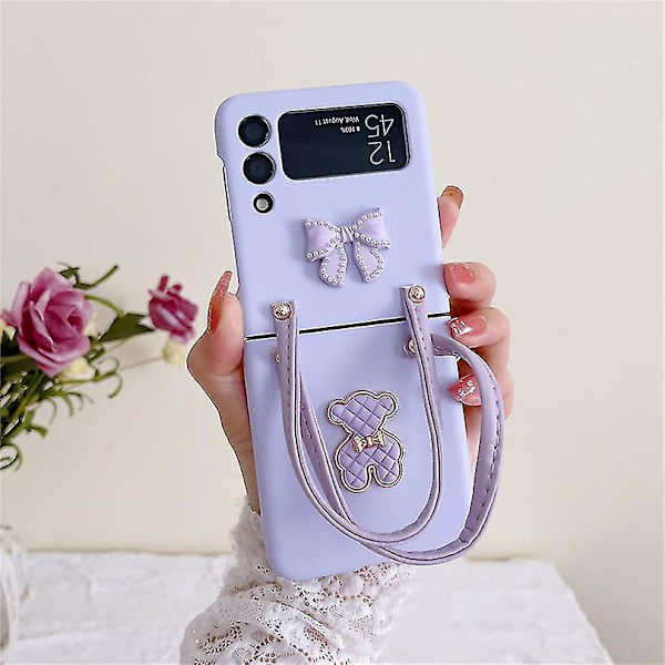 3D bue sløyfe bjørn deksel kompatibel med Samsung Galaxy Z Flip 4 5g med armbåndsrem sammenleggbar støtsikker bakdeksel Purple