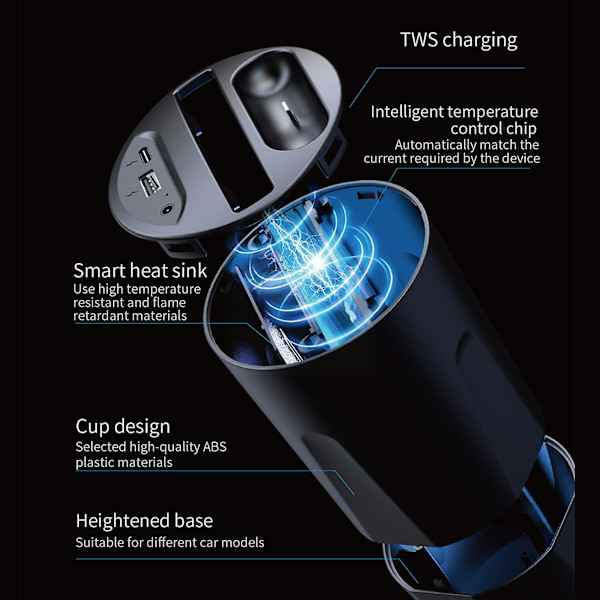 Trådløs billader i koppholder for Airpods, USB-hurtiglader for bil, multifunksjonell telefonholder for bil C1e3
