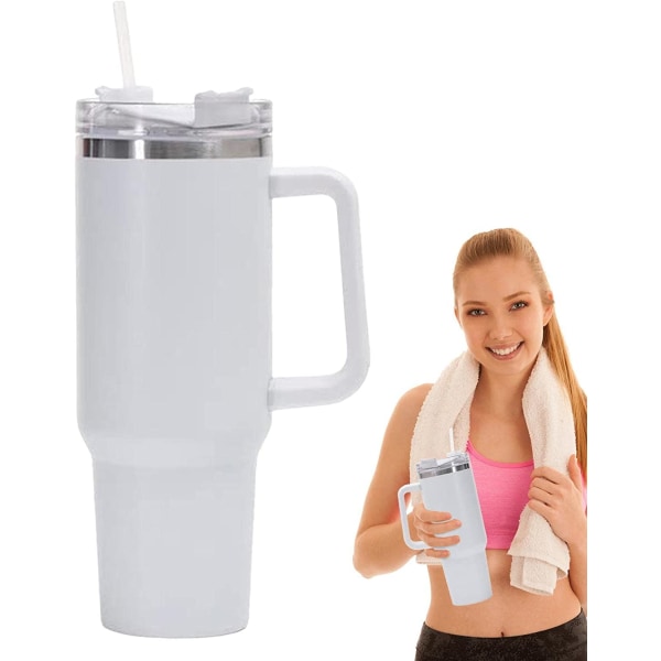 Vannflaske i rustfritt stål | Krus med sugerør og håndtak | Lekkasjesikker vakuumisolert vannflaske for varm iskaffe (hvit)