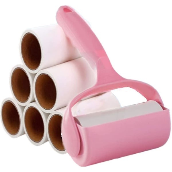 Sticky Roller, Tøjrengøringsrulle, fjerner nemt og hurtigt dyrehårstøv, 6 erstatningspapirruller (lyserød)