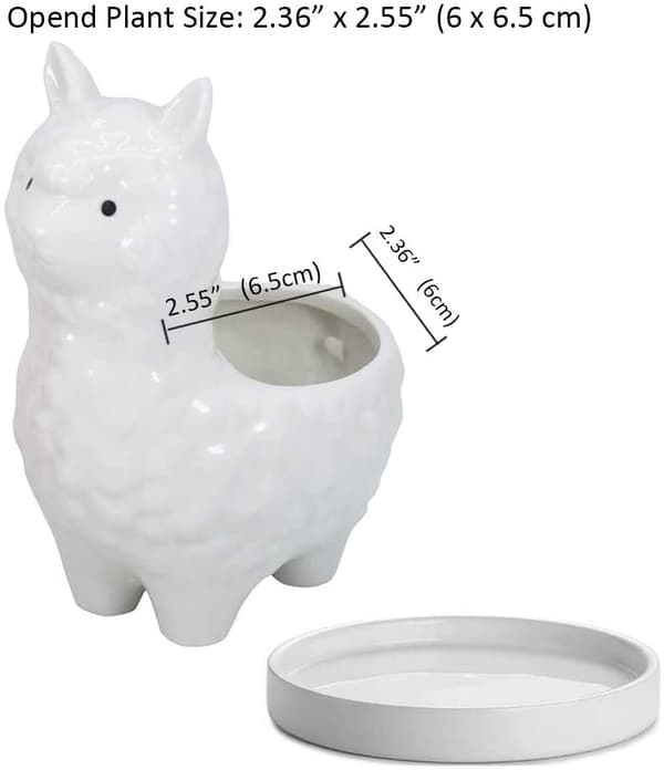 Söt Alpacka Succulent Planter med Dräneringsbricka, Vit Cera