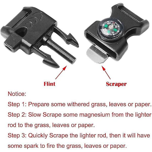 10 kpl Musta 5/8\" Kompassi Flint Scraper Fire Starter Whistle Buckle Muovi Paracord Rannekoru Ulkoilu Camping Hätä Selviytymismatka Sarjat (musta)