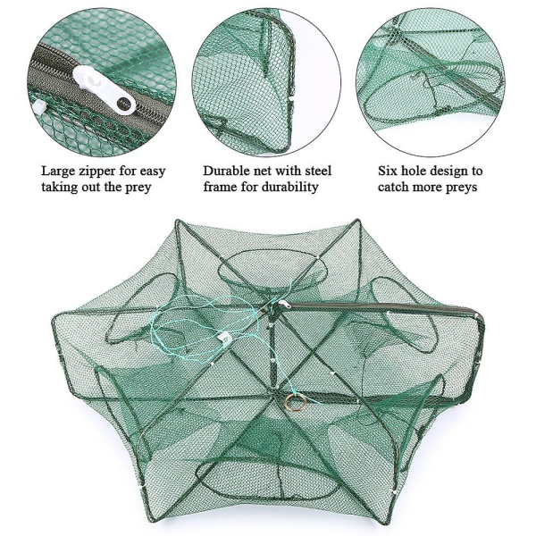 Foldbart fiskenet Hexagon 6 hullers fiskenet Rejebur Trap Minnow Crab Baits Mesh Trap Net