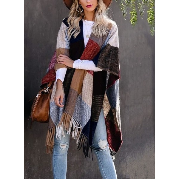 Boho Buffalo Plaid Poncho Naisten Huivi Kääre Tassel Koristeilla