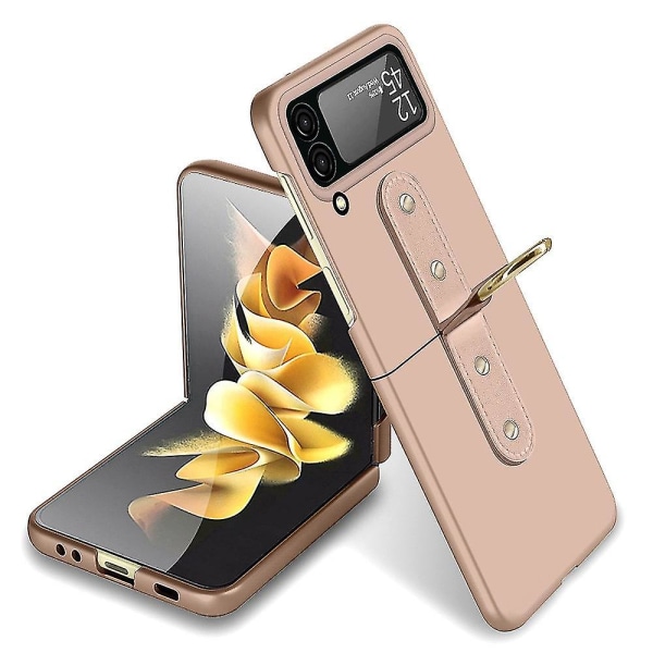 Nahkainen phone case , joka on yhteensopiva rengastelineen Samsung Galaxy Z Flip 4 -puhelimen kanssa Gold