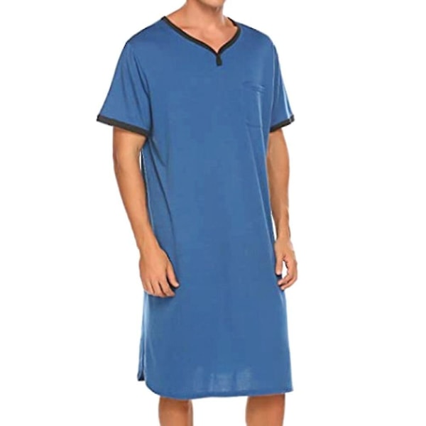 Män Comfy Loose Pyjamas Nattlinne Nattkläder Lång Nattskjorta Loungewear Sovkläder Royal Blue XL