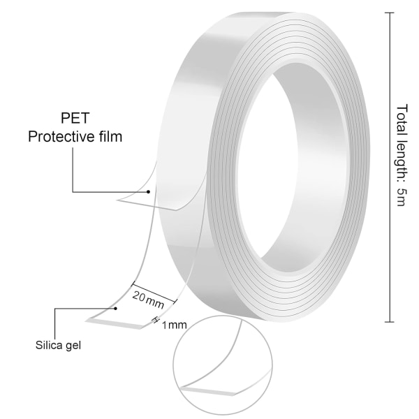 3cm (16,5ft/5M) Nano Gel Tape 2 rullar Stark dubbelsidig tejp Monteringstejp Starkt lim Spårlöst Tvättbart lim Style-1