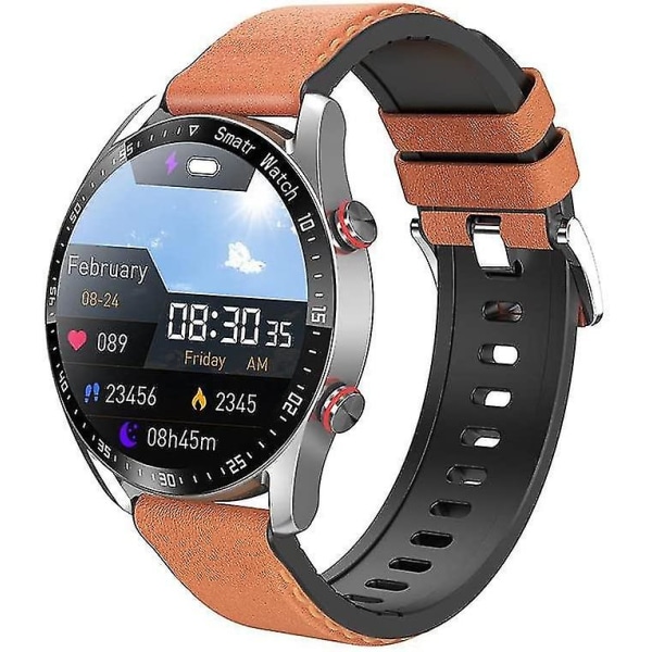 Ikke-invasiv blodsukkertest Smart Watch, Full Touch Health Tracker Ur med blodtryk, Blodilt sporing, Søvnovervågning Orange leather