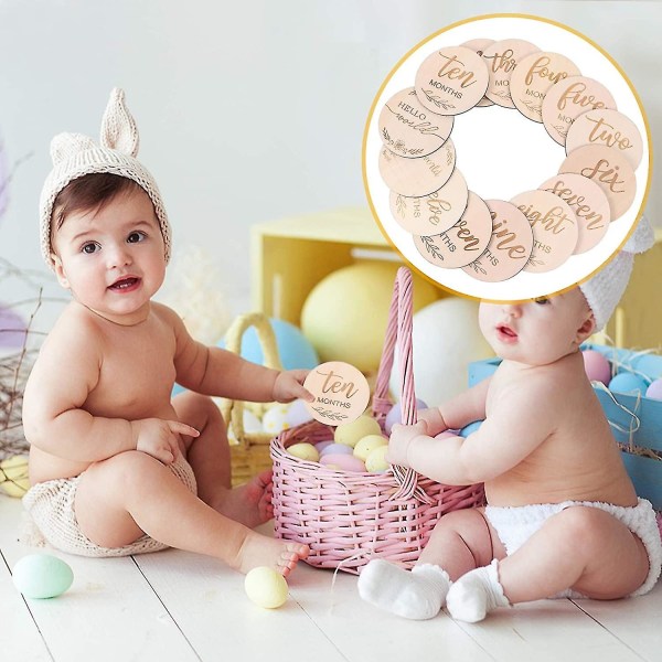 14 stk Baby Månedskort Træ Milestone Discs Baby Førsteårs Vækst Foto Erindringsrekvisitter