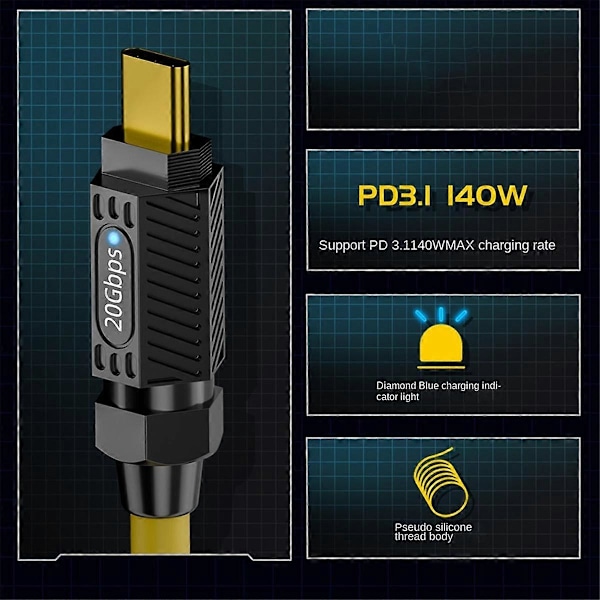 PD 140W Snabb Laddningsdatakabel med Splitsning 20Gbps 8K HD USB C till C Fjäderkabel Typ C Skalbar Förlängningssladd