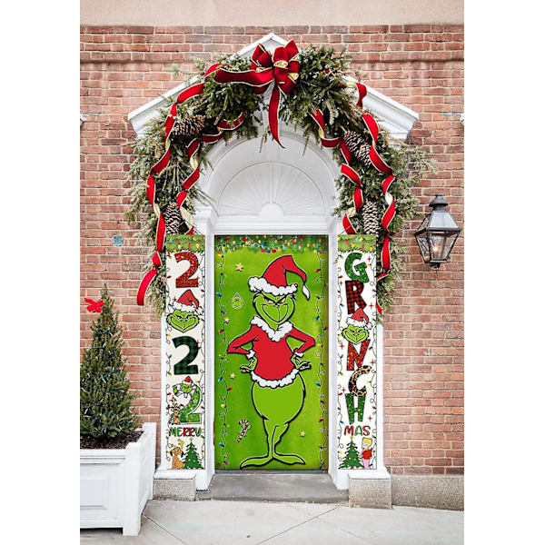Grinch Jule Dør Cover Dekorationer Grinch Grøn Baggrund Glædelig Jul Veranda Skilt Til Indendørs Udendørs Hoveddør Festartikler