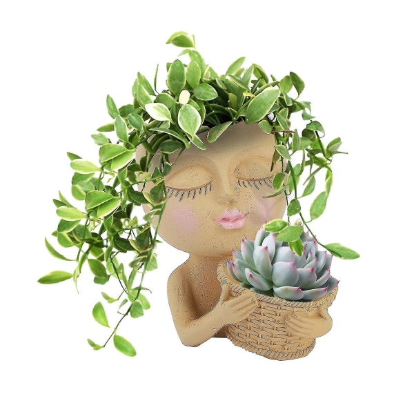 Ansigt Planter Pot - Dobbelt urtepotter i én til indendørs udendørs planter Resin Cute Lady Face beige