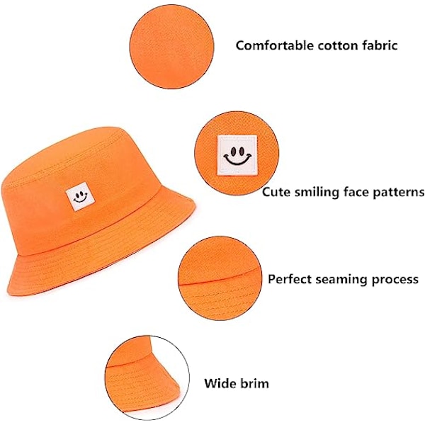 Solhatt for barn med smilende ansikt, bøttehatt for jenter og gutter, sommer solbeskyttelse bomull U orange
