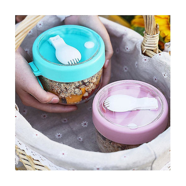 Overnight Oat-behållare med lock och skedar 2-pack, 20oz Bärbara plastyoghurtburkar, läckagesäkra