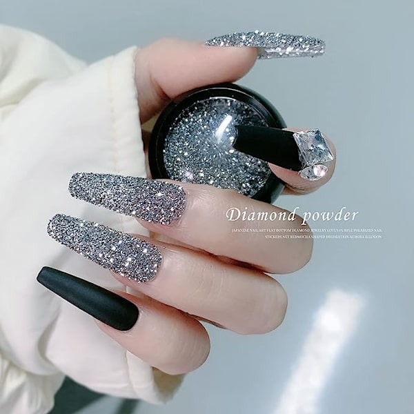 Kristalldiamant nagelpulver, 2 st i samma låda i olika ljusreflektioner, gnistrande diamond powder