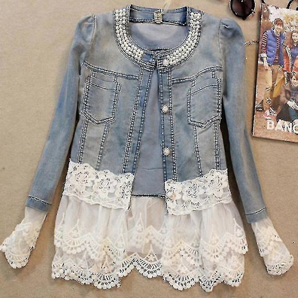 Plus Size Dam Retro Slim Denimjacka Spets Pärlor Casual Jeansjacka -2xl M