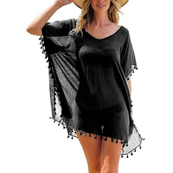 Kvinder Strandtøj Badetøj Bikini Strandtøj Cover Up Kvast Chiffon Kjole Black