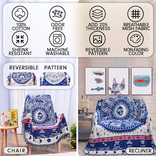 Boho Vævet Tæppe Reversible Bomuld Boheme Gobelin
