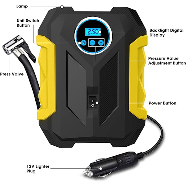 Digitaalinen ilmapumppu autoon, kannettava rengaspumppu LED-valolla, DC 12V