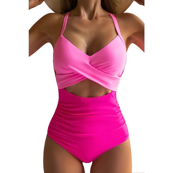 Naisten yksiosainen uimapuku Belly Control Cutout korkeavyötäröinen uimapuku selän siteet 1-osainen uimapuku, vaaleanpunainen