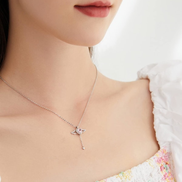 Rosa Diamant Zirkon Cupid Hjerte Halskjede - Romantisk Kragebeinskjede, Perfekt Gave