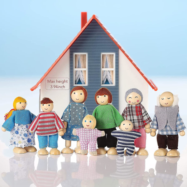 Trædukkehus Mennesker 8 Figurer, Dukke Familie Sæt Piger Småbørn Dukkehus Tilbehør Legetøj