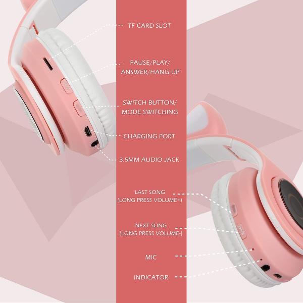 Trådlösa hörlurar för barn - Sendowtek Cat Ears Hörlurar Over Ear Rosa Söta B