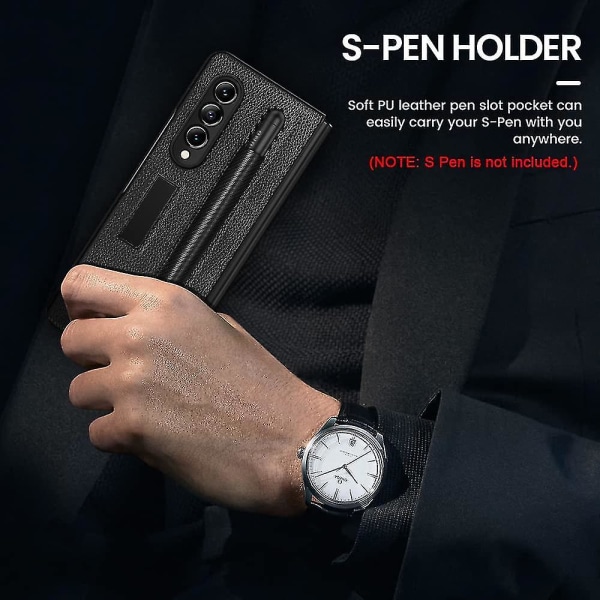 Lædertaske kompatibel med Samsung Galaxy Z Fold 3 med S Pen Holder & Front Screen Protector Black