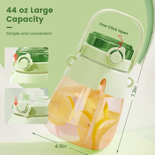 44 oz vannflasker med sugerør, Kawaii Kids vannflaske med håndtak og skulderstropp, BPA-fri lekkasjesikker （grønn）
