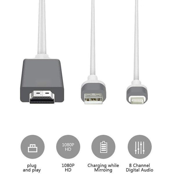 SQCLV [Apple-certifierad] Lightning till HDMI-adapterkabel, 1080P digital AV-synkronisering ljud- och videokontakter sladd för TV/projektor/skärm - 6,6 fot vit