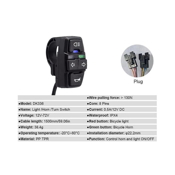 Ebike Switch Dk336 Med Qd168 Framlykta C-05c Baklykta S M Plugg Varningsljus Blinkers Signalhorn Eb