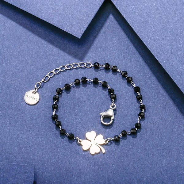 Lykkekløver Charm Armbånd Rustfrit Stål Sort Perle Enkel Lykke Charm Armbånd (Sølv) White