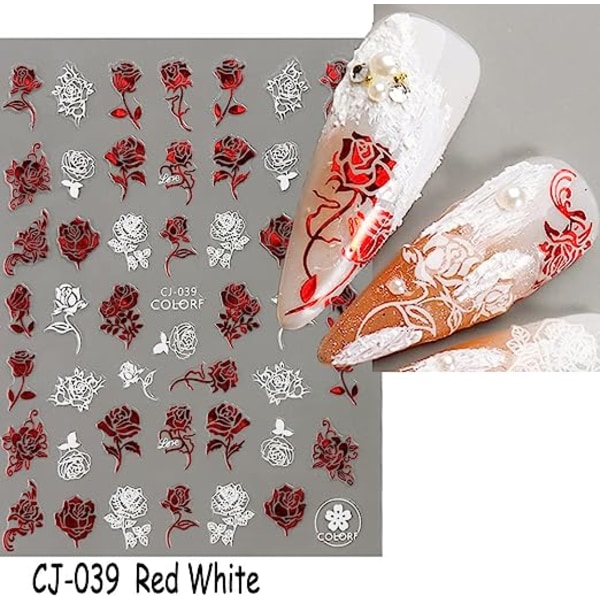8 ark Valentines Nail Art Stickers Dekaler Selvklebende Metallic Red Heart Na
