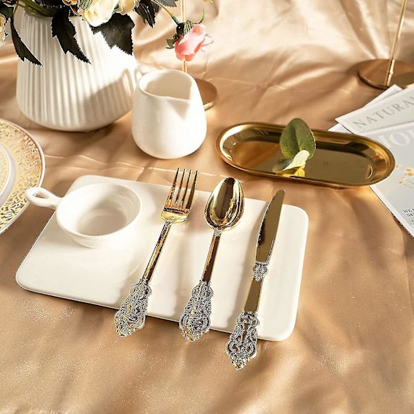 300-pack Guld Plastbestick - Tungt Guld Plastbestick Set, 100 Guld Gafflar, 100 Guld Skedar, 100 Guld Knivar, Guld Bestick