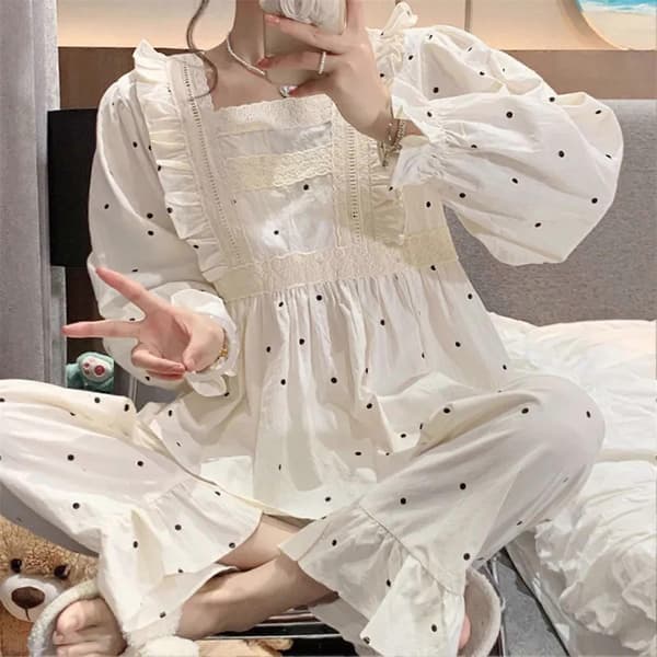 Långärmad Prickig Pyjamas Set Dam Söt Lös Elegant Jacquard Topp Byxor Sovkläder Loungewear